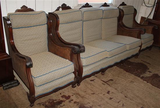 Early 20th century mahogany three piece bergere suite(-)